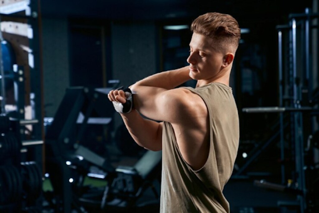Bodybuilder stretching armsin gym