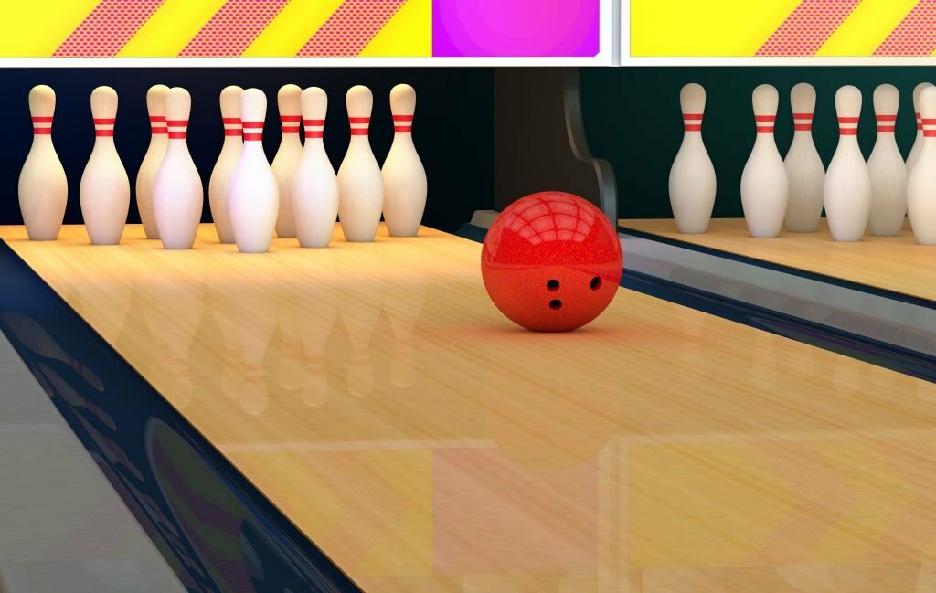 Bowling background with skittles and a ball. 3d render